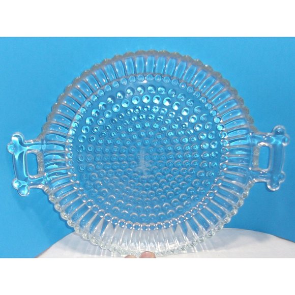 VTG Jeannette Clear Glass Small Round Hobnail Cheese/Snack Tray w/ Handles 9" - Picture 6 of 10